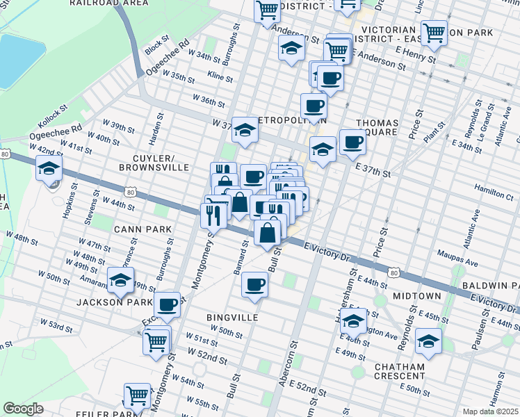 map of restaurants, bars, coffee shops, grocery stores, and more near 123 West 41st Street in Savannah