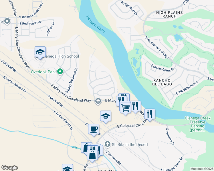 map of restaurants, bars, coffee shops, grocery stores, and more near 13250 East Mineta Ridge Drive in Vail