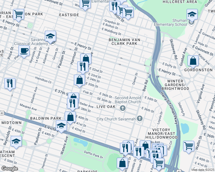 map of restaurants, bars, coffee shops, grocery stores, and more near 1803 Cedar Street in Savannah