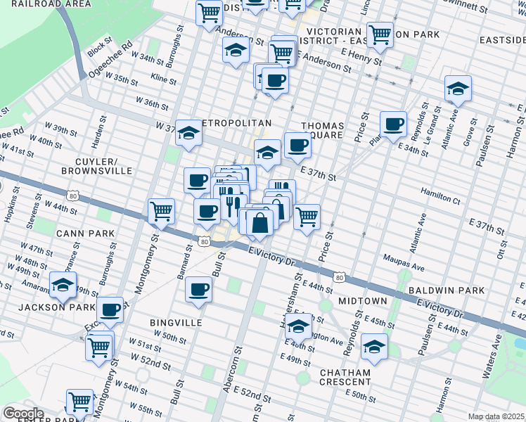 map of restaurants, bars, coffee shops, grocery stores, and more near 24 East 41st Street in Savannah