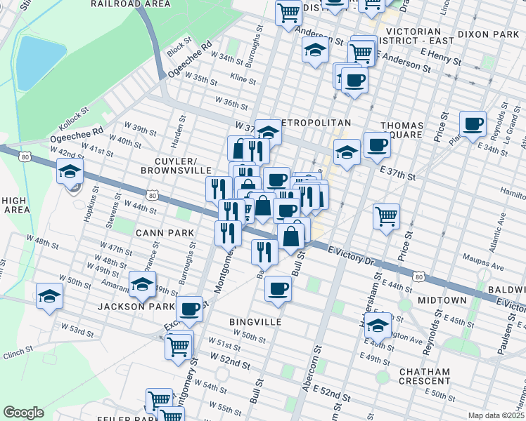 map of restaurants, bars, coffee shops, grocery stores, and more near 2610 Jefferson Street in Savannah