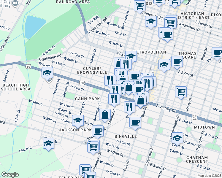 map of restaurants, bars, coffee shops, grocery stores, and more near 2611 Martin Luther King Junior Boulevard in Savannah
