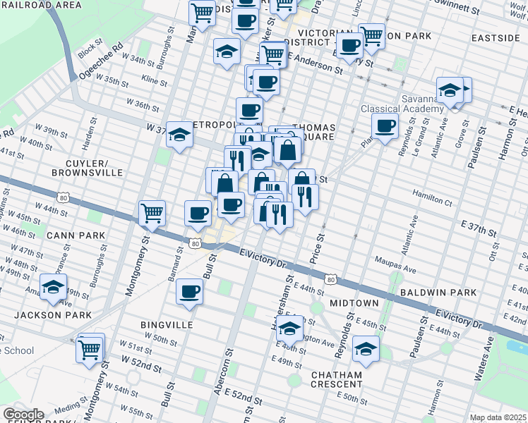 map of restaurants, bars, coffee shops, grocery stores, and more near 123 East 40th Street in Savannah