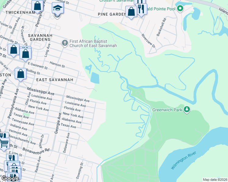 map of restaurants, bars, coffee shops, grocery stores, and more near in Savannah
