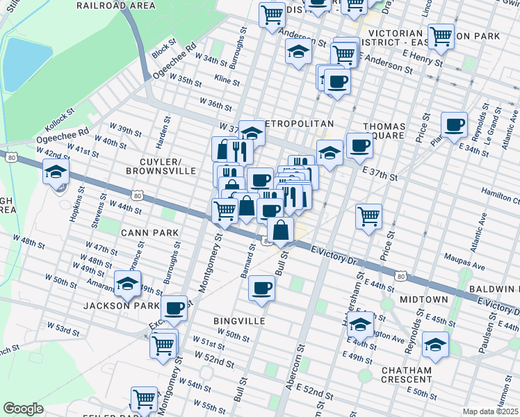 map of restaurants, bars, coffee shops, grocery stores, and more near 203 West 40th Street in Savannah
