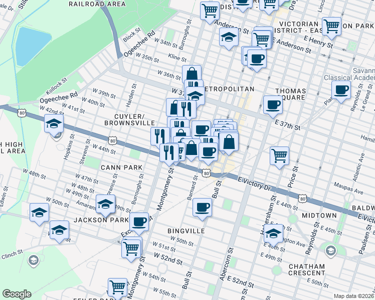 map of restaurants, bars, coffee shops, grocery stores, and more near 2507 Jefferson Street in Savannah