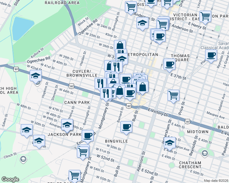 map of restaurants, bars, coffee shops, grocery stores, and more near 316 West 41st Street in Savannah