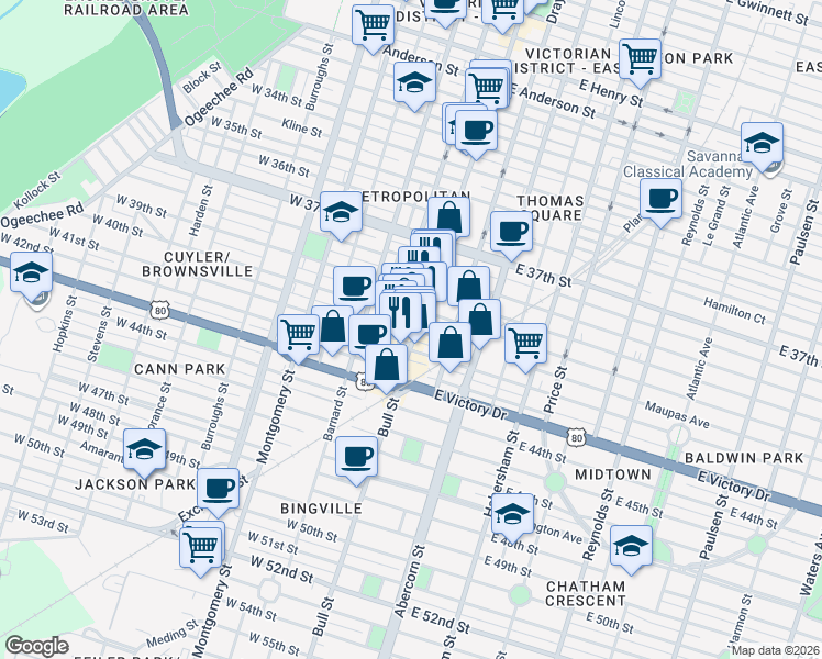 map of restaurants, bars, coffee shops, grocery stores, and more near 18 West 40th Street in Savannah