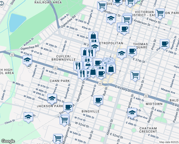 map of restaurants, bars, coffee shops, grocery stores, and more near 316 West 41st Street in Savannah