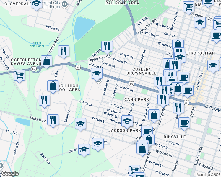 map of restaurants, bars, coffee shops, grocery stores, and more near 1010 West 44th Street in Savannah