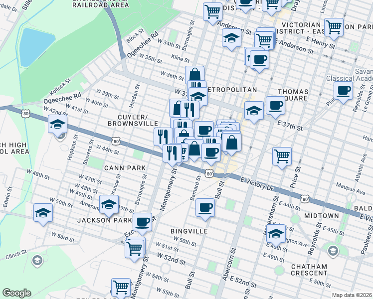map of restaurants, bars, coffee shops, grocery stores, and more near 316 West 41st Street in Savannah