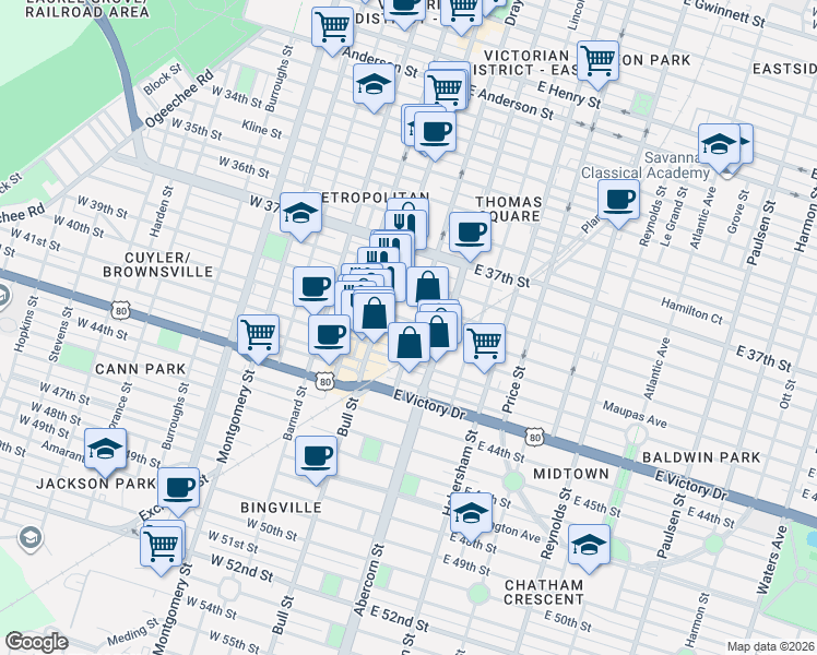 map of restaurants, bars, coffee shops, grocery stores, and more near 12 East 40th Street in Savannah