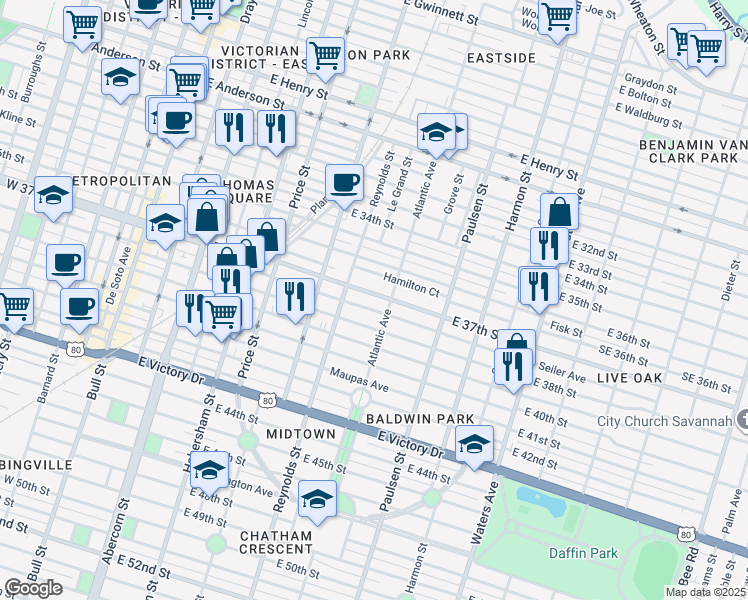 map of restaurants, bars, coffee shops, grocery stores, and more near 2011 Atlantic Avenue in Savannah