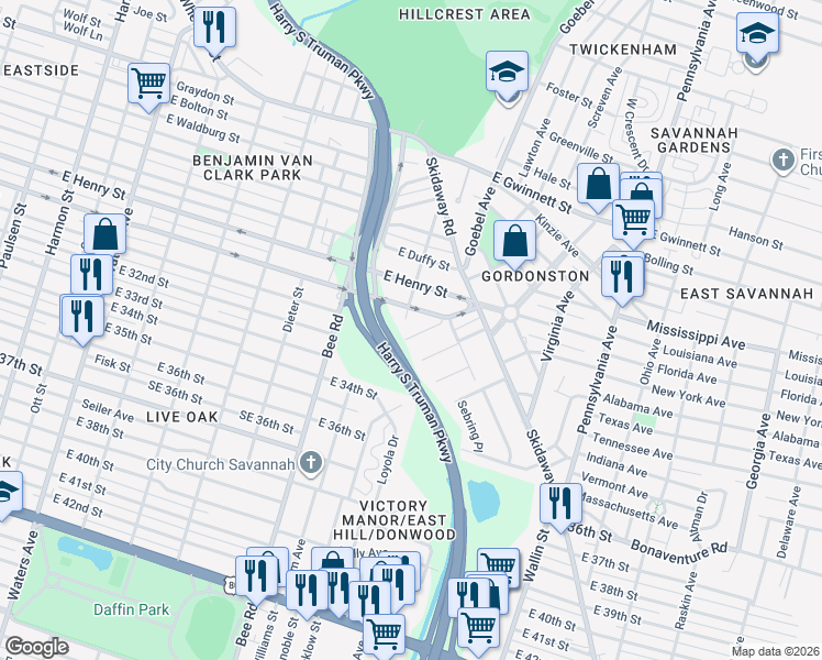 map of restaurants, bars, coffee shops, grocery stores, and more near 1903 East Anderson Street in Savannah