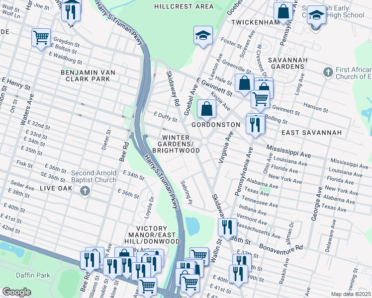 map of restaurants, bars, coffee shops, grocery stores, and more near 1750 East 31st Street in Savannah