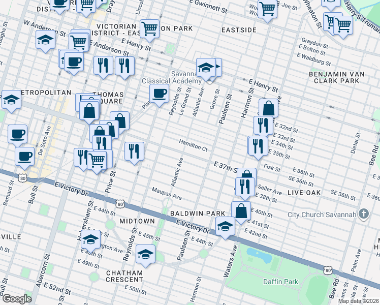 map of restaurants, bars, coffee shops, grocery stores, and more near 721 East 36th Street in Savannah