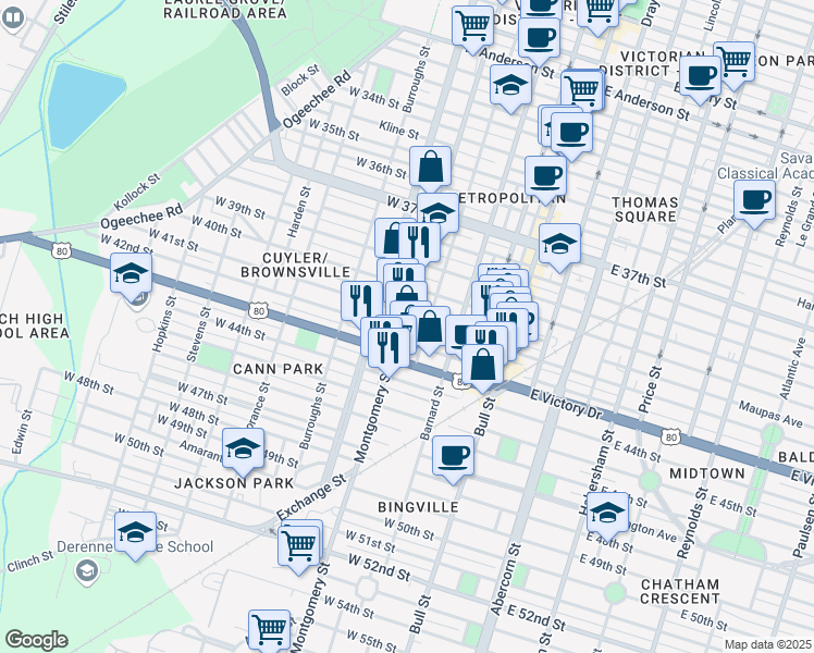 map of restaurants, bars, coffee shops, grocery stores, and more near 2510 Montgomery Street in Savannah