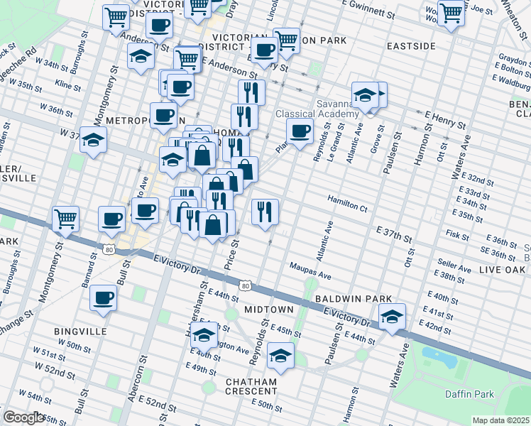 map of restaurants, bars, coffee shops, grocery stores, and more near 505 Seiler Avenue in Savannah