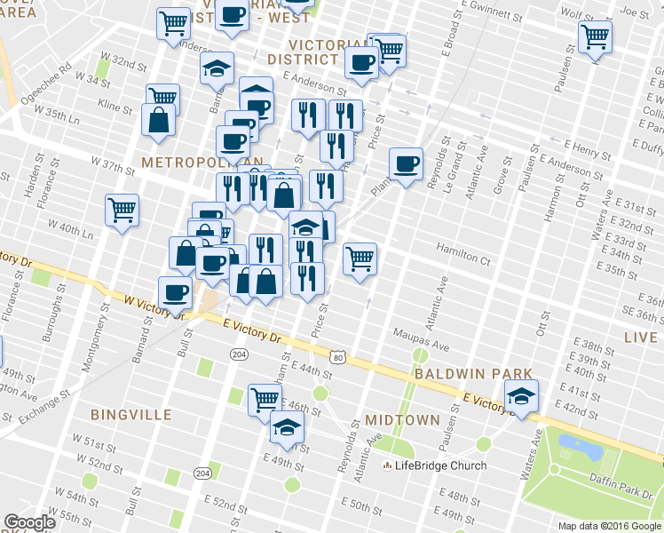 map of restaurants, bars, coffee shops, grocery stores, and more near 402 East 38th Street in Savannah
