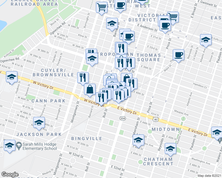 map of restaurants, bars, coffee shops, grocery stores, and more near 18 West 40th Street in Savannah