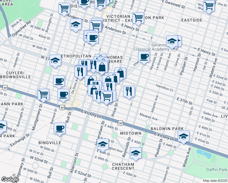 map of restaurants, bars, coffee shops, grocery stores, and more near 402 East 38th Street in Savannah