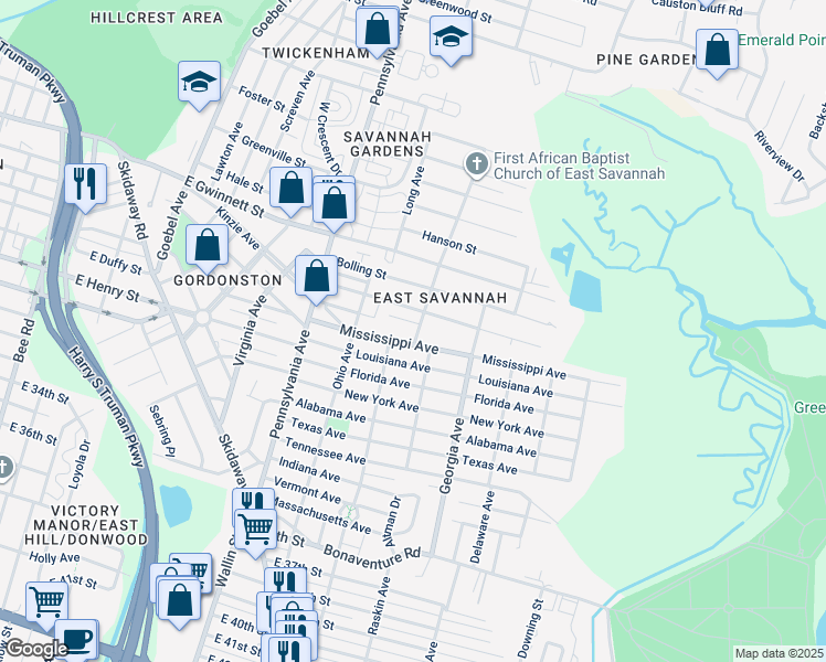 map of restaurants, bars, coffee shops, grocery stores, and more near 2141 Alaska Street in Savannah