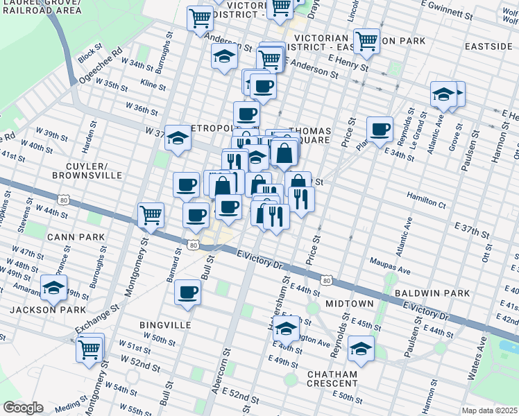 map of restaurants, bars, coffee shops, grocery stores, and more near 104 East 40th Street in Savannah