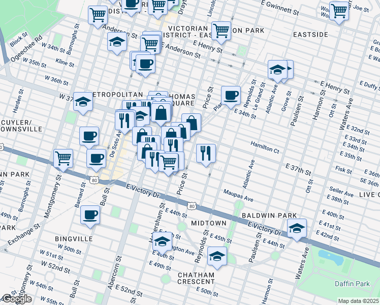 map of restaurants, bars, coffee shops, grocery stores, and more near 402 East 38th Street in Savannah