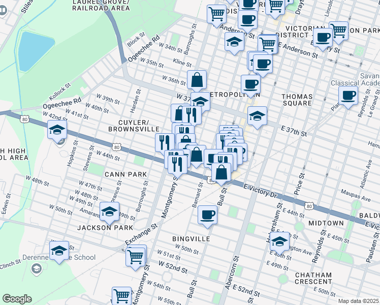 map of restaurants, bars, coffee shops, grocery stores, and more near 316 West 41st Street in Savannah