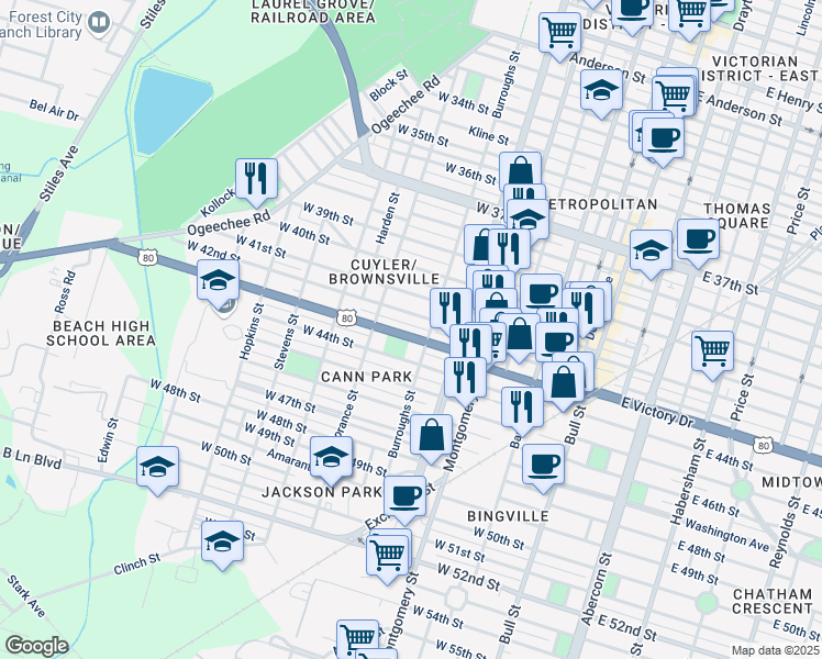 map of restaurants, bars, coffee shops, grocery stores, and more near 639 West 42nd Street in Savannah