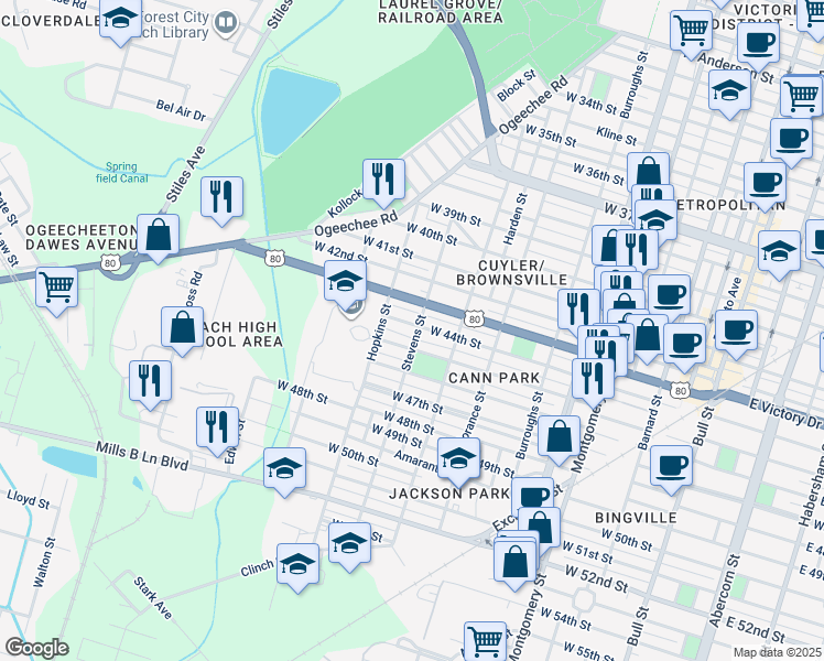 map of restaurants, bars, coffee shops, grocery stores, and more near 1010 West 44th Street in Savannah
