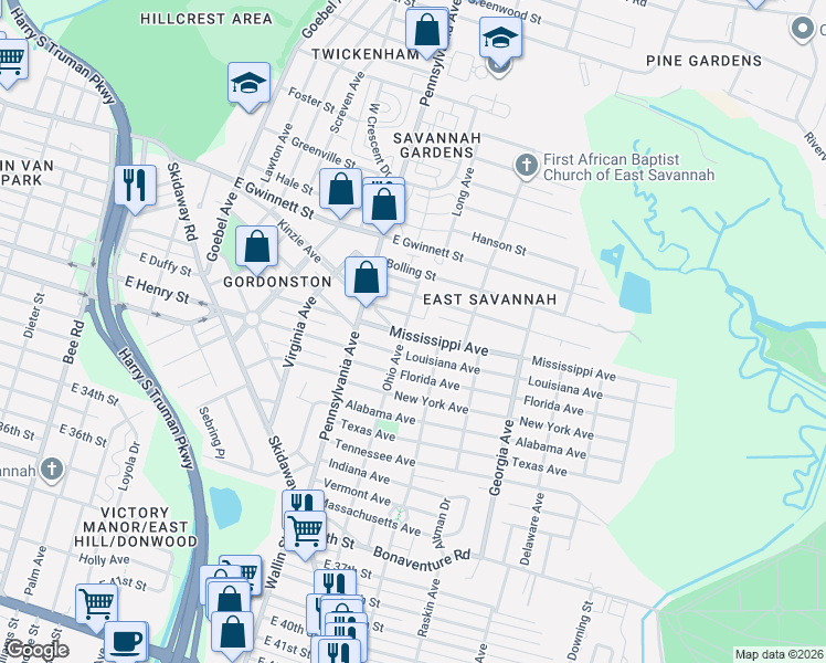 map of restaurants, bars, coffee shops, grocery stores, and more near 2108 California Avenue in Savannah