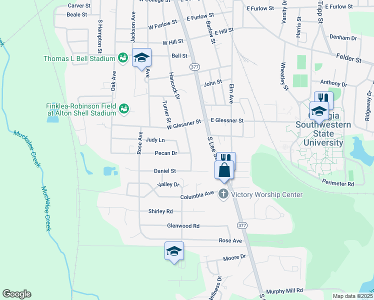 map of restaurants, bars, coffee shops, grocery stores, and more near 1219 Hancock Drive in Americus