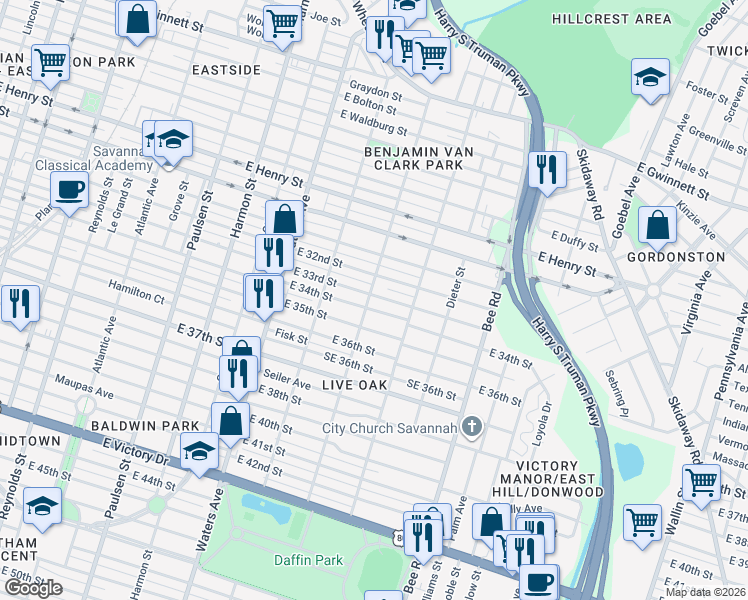 map of restaurants, bars, coffee shops, grocery stores, and more near 1225 East 33rd Street in Savannah
