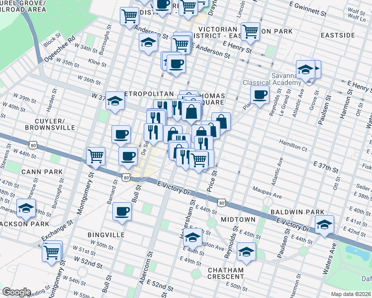 map of restaurants, bars, coffee shops, grocery stores, and more near 213 East 38th Street in Savannah