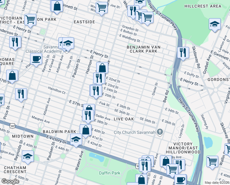 map of restaurants, bars, coffee shops, grocery stores, and more near 1135 East 33rd Street in Savannah