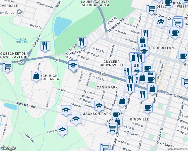 map of restaurants, bars, coffee shops, grocery stores, and more near 913 1/2 West Victory Drive in Savannah