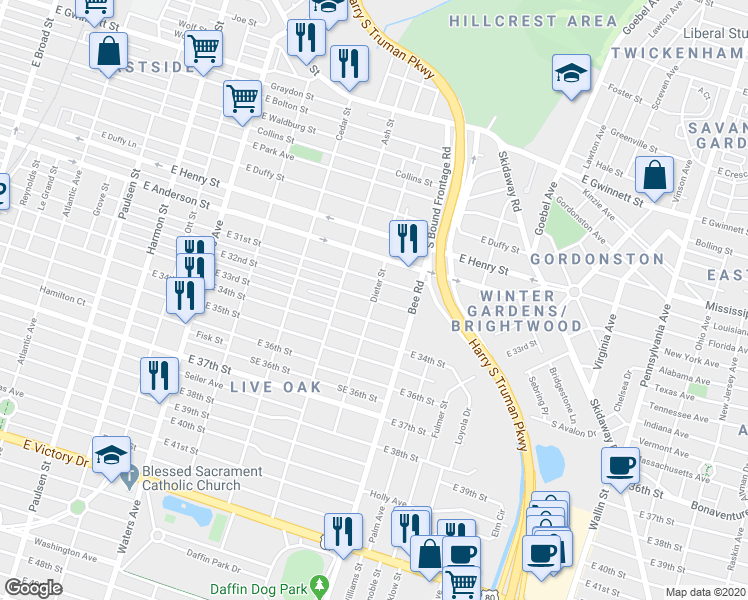 map of restaurants, bars, coffee shops, grocery stores, and more near 1500 East 32nd Street in Savannah