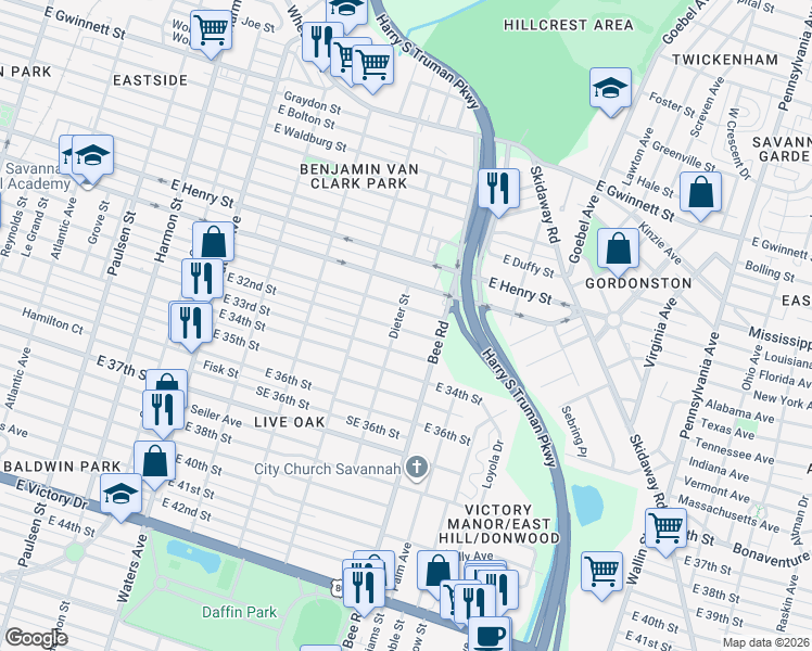 map of restaurants, bars, coffee shops, grocery stores, and more near 1506 East 32nd Street in Savannah