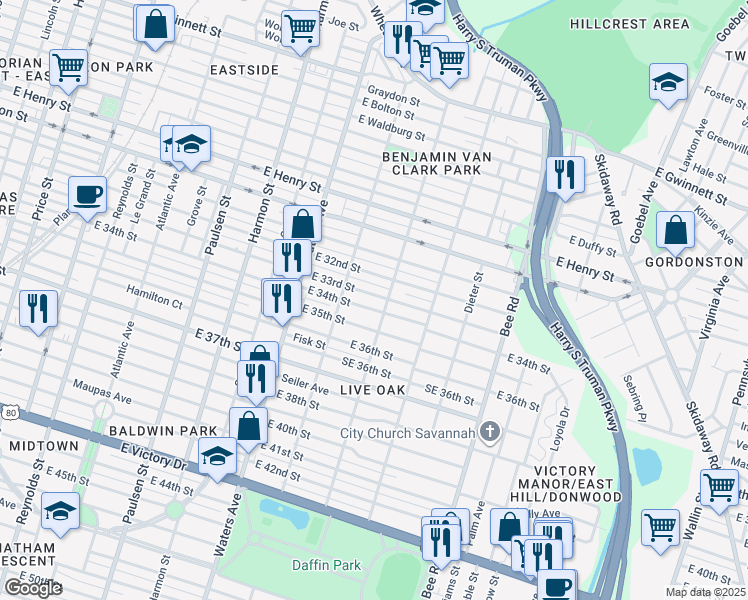 map of restaurants, bars, coffee shops, grocery stores, and more near 1225 East 33rd Street in Savannah