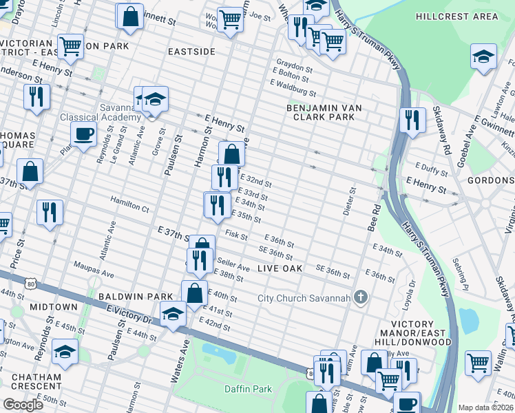 map of restaurants, bars, coffee shops, grocery stores, and more near 1135 East 33rd Street in Savannah