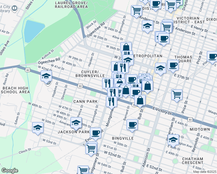 map of restaurants, bars, coffee shops, grocery stores, and more near 419 West 41st Street in Savannah