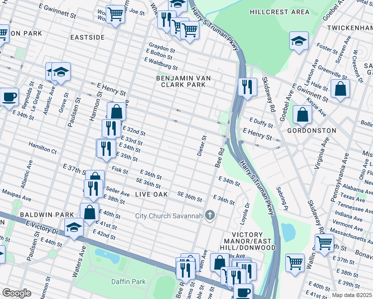 map of restaurants, bars, coffee shops, grocery stores, and more near 1403 East 32nd Street in Savannah