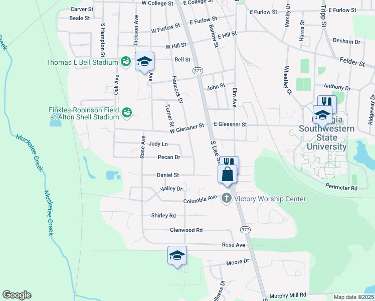 map of restaurants, bars, coffee shops, grocery stores, and more near 1219 Hancock Drive in Americus