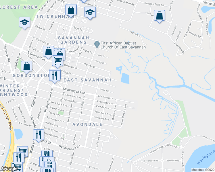 map of restaurants, bars, coffee shops, grocery stores, and more near 2408 Bolling Street in Savannah