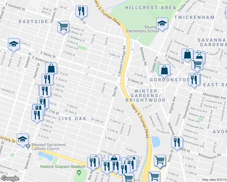 map of restaurants, bars, coffee shops, grocery stores, and more near 1530 East 31st Street in Savannah