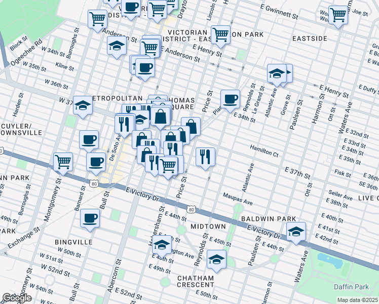 map of restaurants, bars, coffee shops, grocery stores, and more near 402 East 38th Street in Savannah