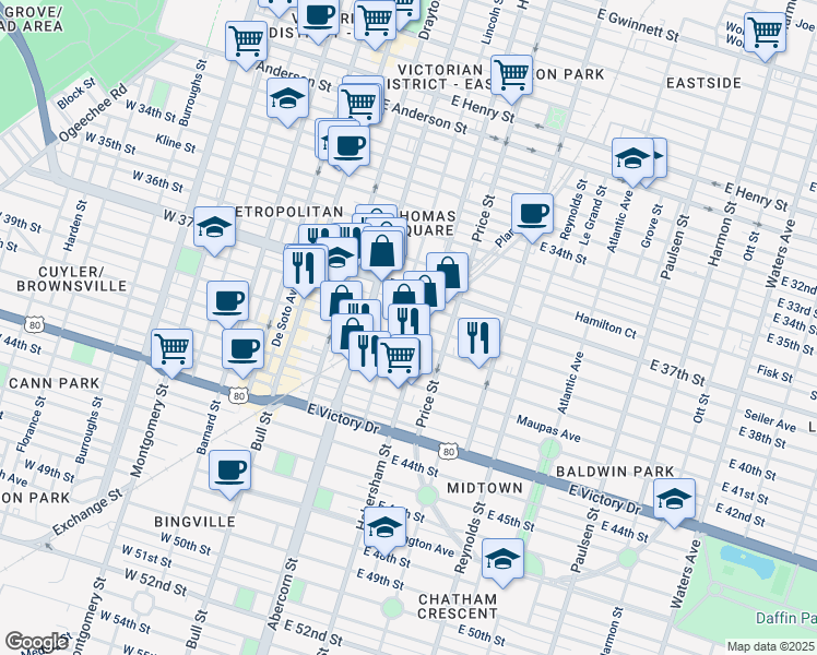 map of restaurants, bars, coffee shops, grocery stores, and more near 402 East 38th Street in Savannah