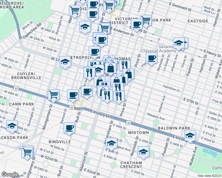 map of restaurants, bars, coffee shops, grocery stores, and more near 213 East 38th Street in Savannah