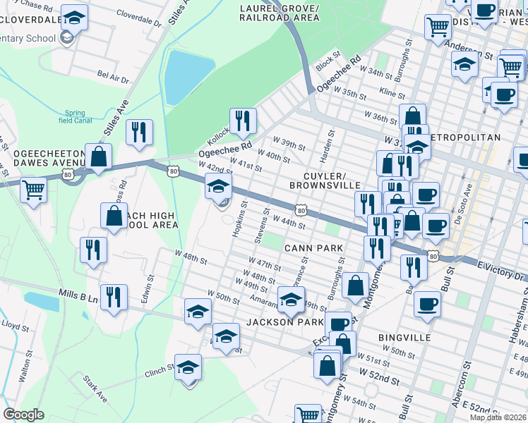 map of restaurants, bars, coffee shops, grocery stores, and more near 1010 West 44th Street in Savannah